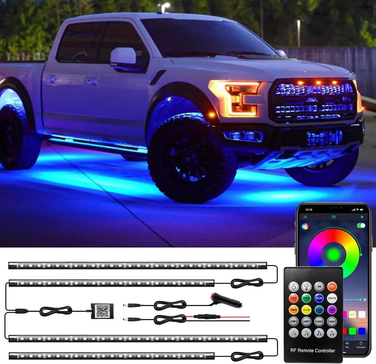 RGB LED Car Underglow Kit – App & Remote Control, 16M Colours & Music Mode