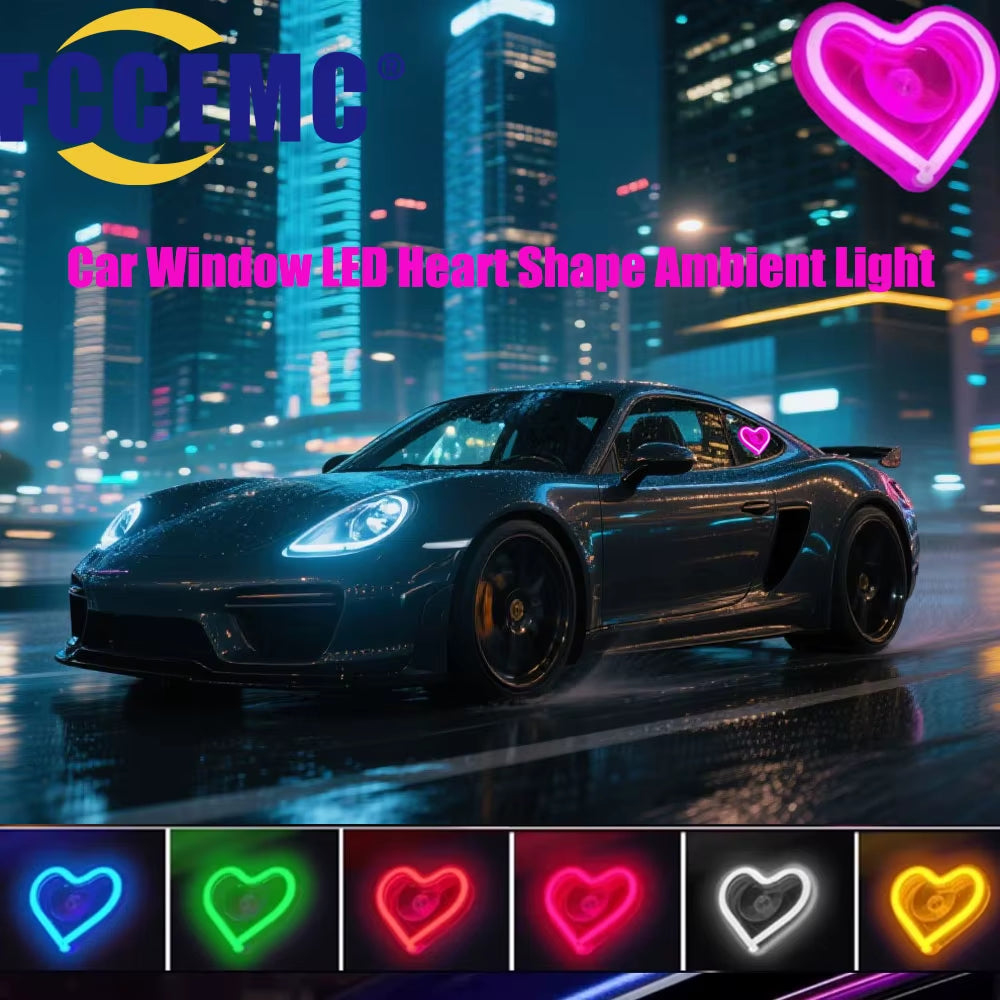 LED Car Window Ambient Lighting with Remote Control - USB Heart-Shaped Neon Mood Light for Interior Decoration