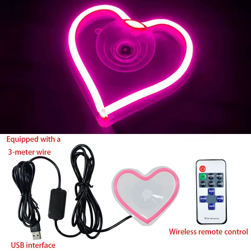 LED Car Window Ambient Lighting with Remote Control - USB Heart-Shaped Neon Mood Light for Interior Decoration